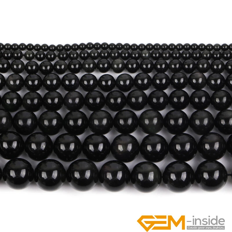 Natural Round Black Obsidian Stone Jewellery Making DIY Loose Beads Strand 15" - Image 3 of 4