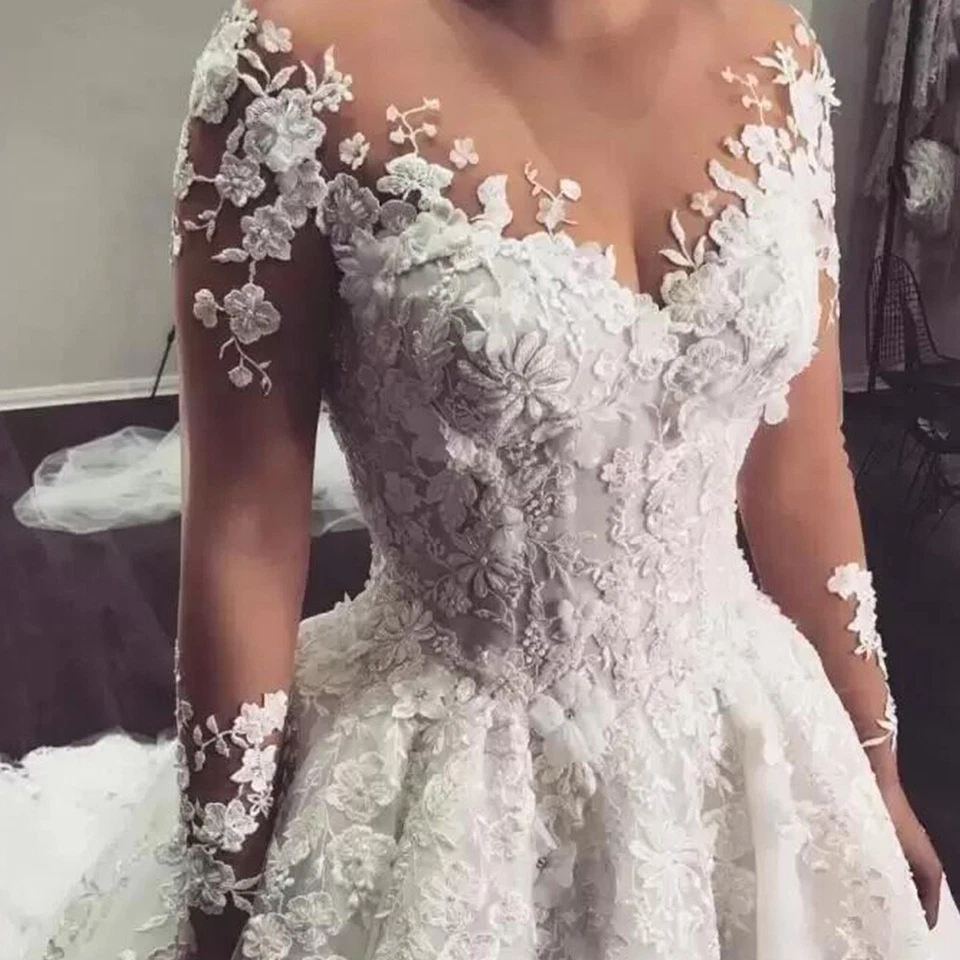 Elegant Wedding Dresses Long Sleeve Tulle Lace Applique Sweep Train Bridal Gowns - Image 2 of 4