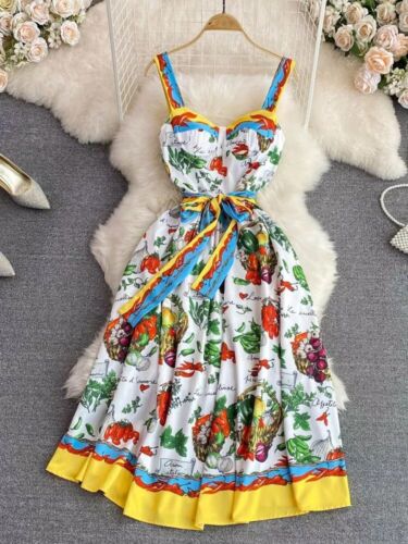 Summer Runway Lemon Flower Letters Print Beach Dress Women's Sleeveless Cup Padd