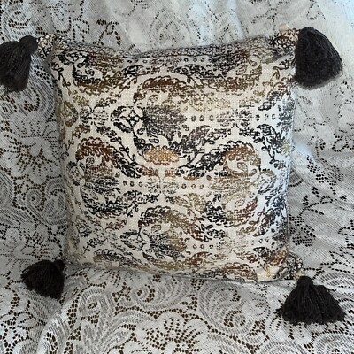 Black Gold Cream Throw Pillow Pompom Tassels Floral Ornate Design  16  X 16 