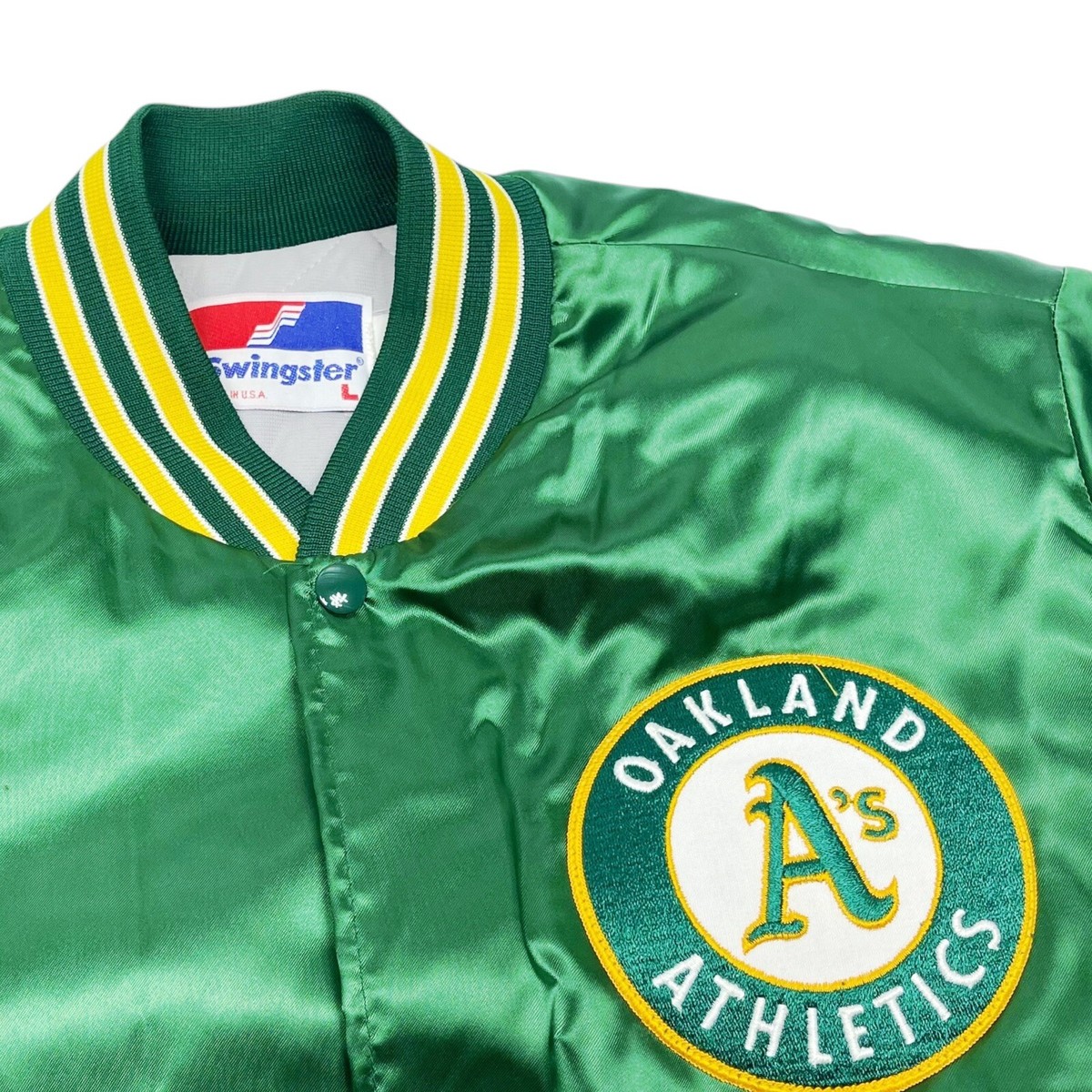 90s 一点物 OAKLAND 短丈中綿ダウンジャケット usa古着 MLB 緑 VINTAGE 90's OAKLAND A'S ATHLETICS STARTER SATIN BOMBER