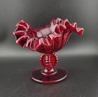 Fenton Ruby Red Vintage Glass Ruffled Beaded  Compote Vase Candy Dish