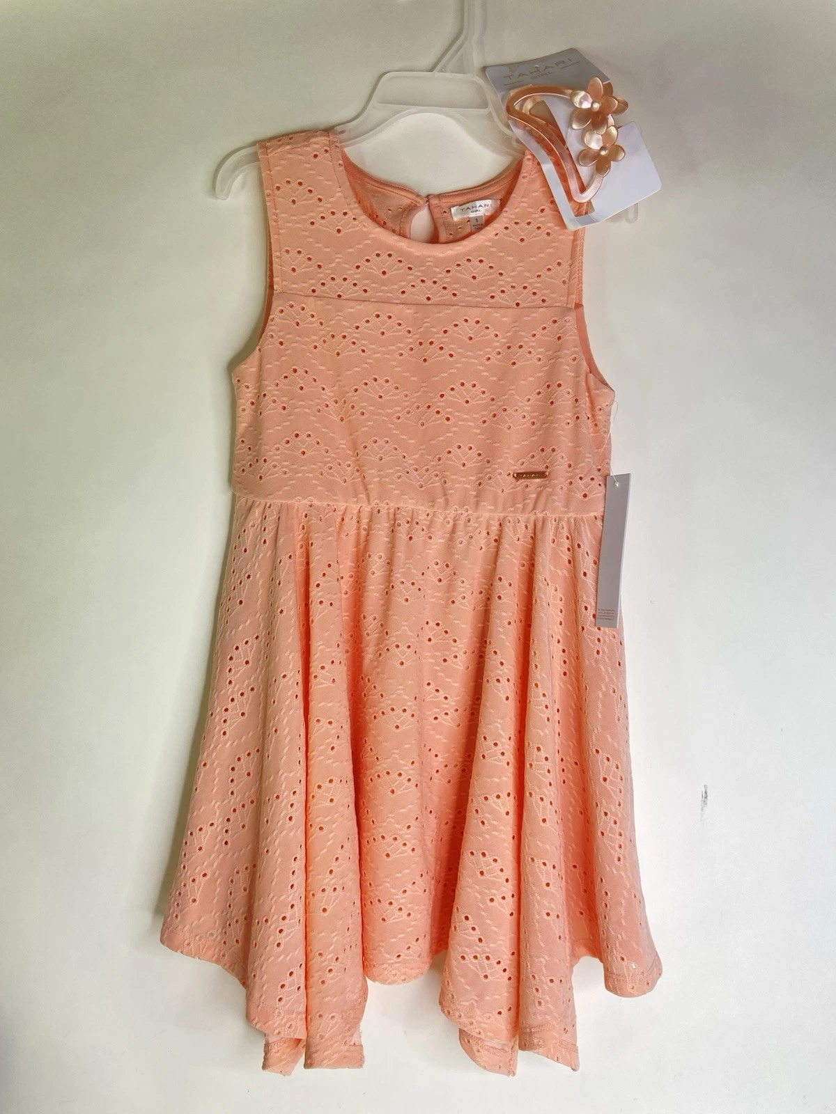 Tahari Girl Fit & Flare Dress Eyelet Peach Matching Hair Claw Clip Girls Size 5