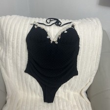 Womens Black/White Solid Halter One-Piece Swimsuit Swimwear Regular Size Type