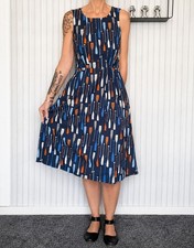 Seasalt Cornwall Coastal Route Paddle Print Cotton Midi Dress UK 8 Navy Pockets