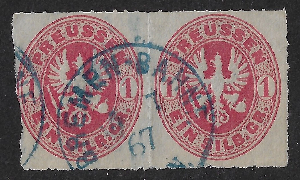 Germany-Prussia Scott 17 pair w/ Bremen Bahne blue cds, 1867. F-VF