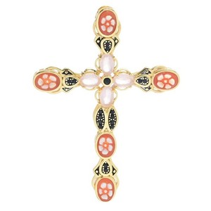 Authentic Cameo Italiano "Sacred" Floral Shell Cameo & Simulated Gem Cross Pendant