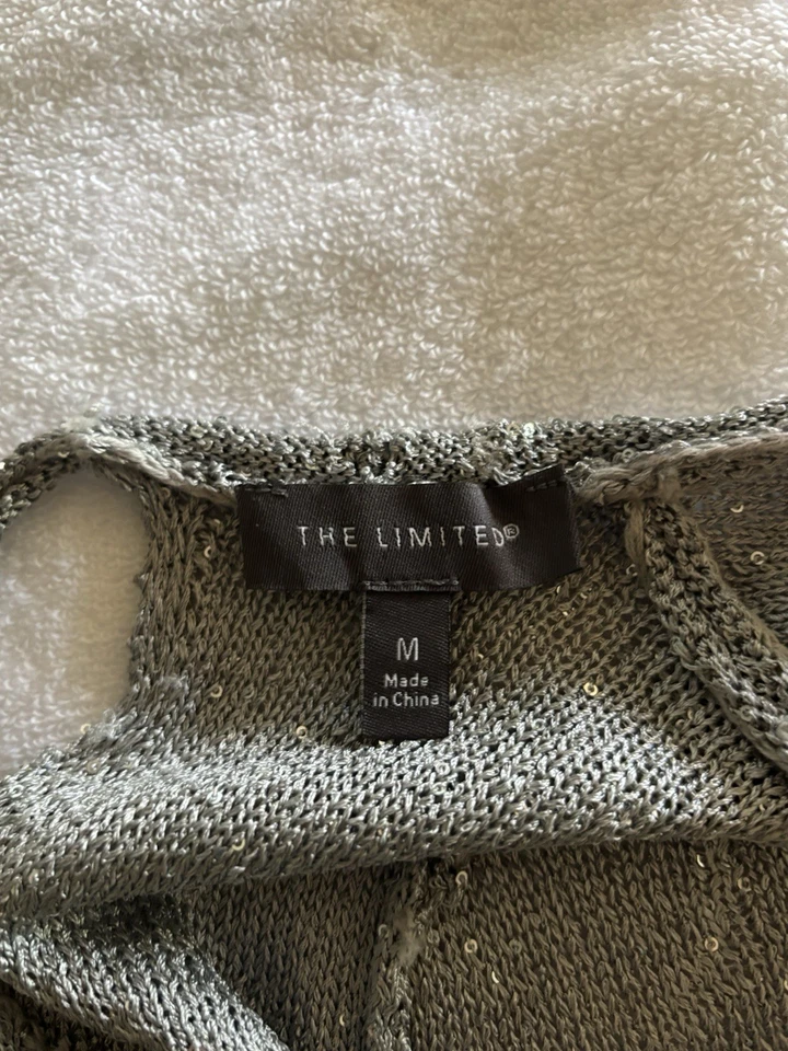 Suéter para mujer The Limited talla mediana gris plata lentejuelas brillantes tejido espalda abierta Foto 4 de 4
