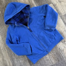 Lands End Kids Reversible Sherpa Hoodie L 10-12 Blue Plaid Fleece Jacket