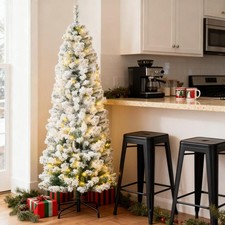 7ft Pre-Lit Snow Flocked Artificial Christmas Tree with LED Lights Steel Base