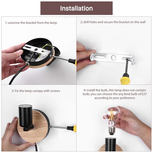 Plug in Wall Lights w/ Switch Wall Lights Indoor Wood Wall Light 360° Rotatable - Picture 7 of 7