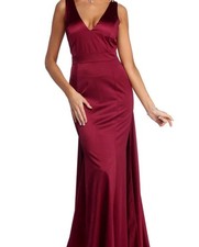 Burgundy Satin V-Neck Sleeveless Mermaid Long Dress with Train