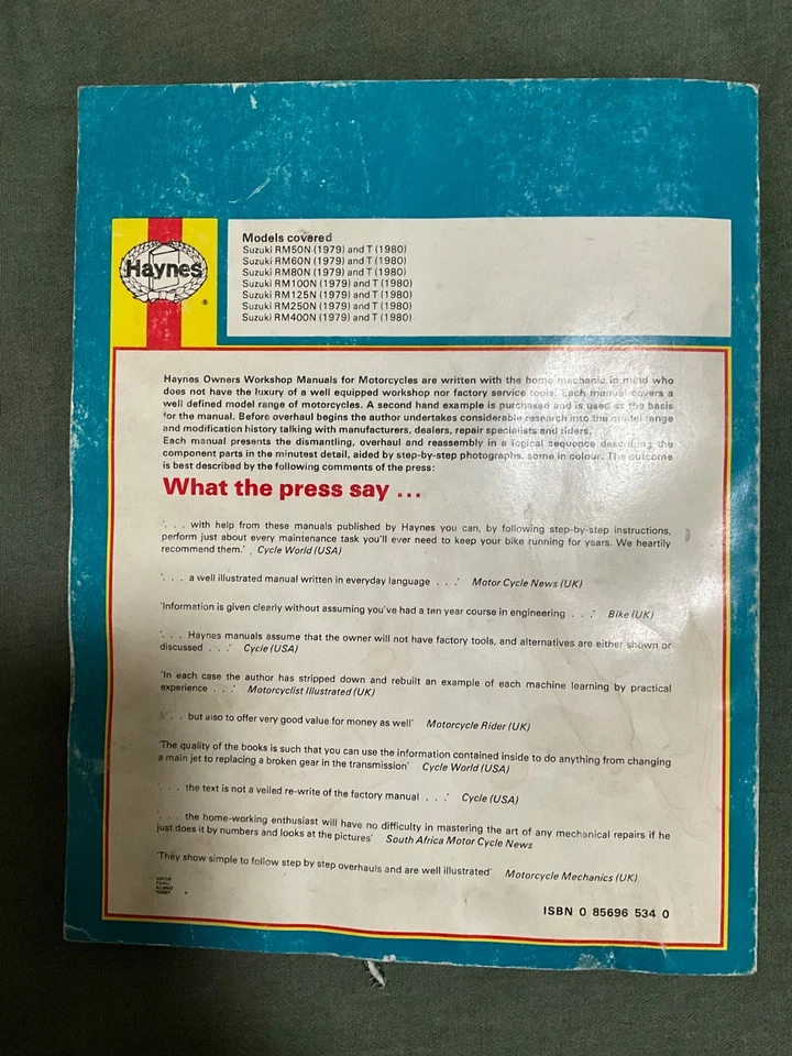 SUZUKI RM Series 50cc - 400cc MOTOCROSS HAYNES MANUAL 1979 moto de cross motocicleta Foto 2 de 3
