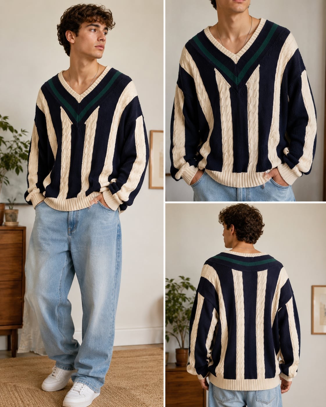 ✨ IZOD Oversized Cable Knit V-Neck Sweater – Navy / Cream / Green – Size L