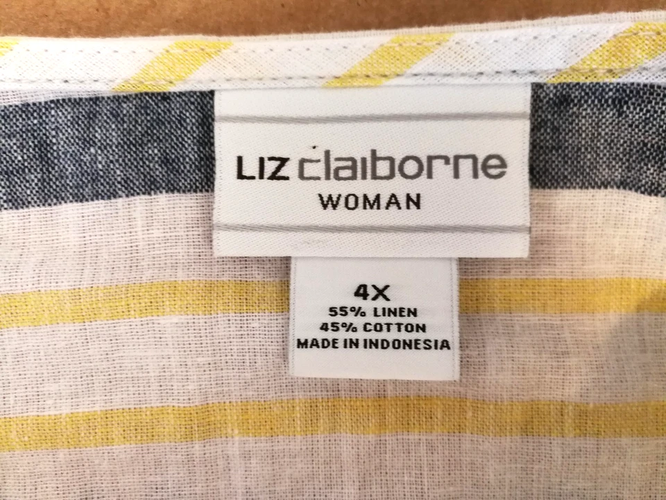 Liz Claiborne Womens Blouse 4X Plus Linen Blend White Blue Yellow Striped Pocket - Image 4 of 4