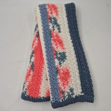 VTG Hand Crochet Knit Peach Afghan Lap Baby Blanket Throw Stripe Blue White Soft