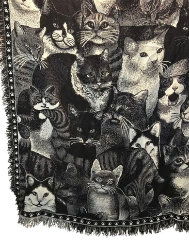 Vintage schwarz & weiß Katzen Decke/Überwurf/Gobelin/Decke American Weavers USA - Bild 3 von 11