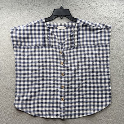 Marketplace Handwork Of India Plaid Blue White Button Up Tunic Top Cotton Size M