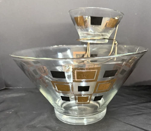 Vintage MCM Retro Black & Gold Geometric Chip & Dip Set
