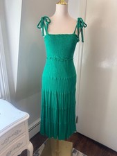 New In | Green Tiered midi dress w/tie shoulder straps smocked bodice | Size S