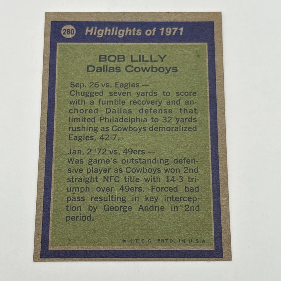 1972 Topps #280 Bob Lilly All Pro Dallas Cowboy HOF - Image 4 of 4