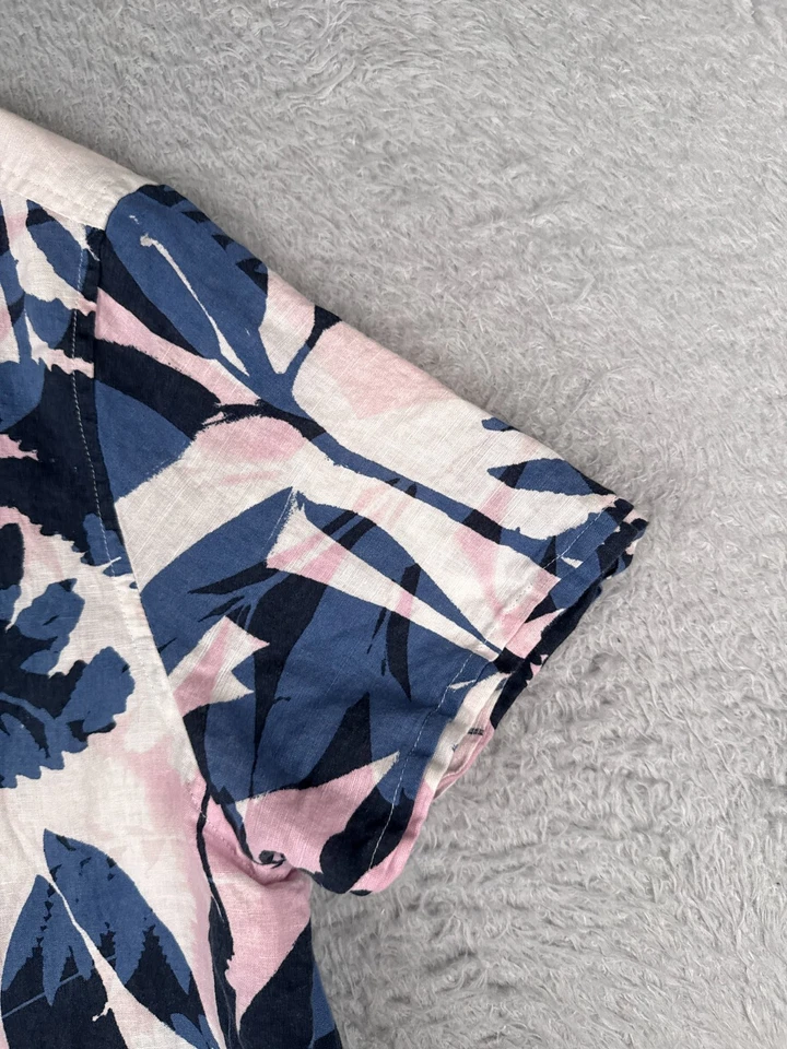 Perry Ellis Shirt Adult Large Pink Blue Floral Leaf Hawaiian Button Linen Blend - Image 2 of 4