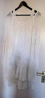 Made in Italy Damen Tunika Top weiß Spitze Rundhals ärmellos Rüschen Einheitsgr.