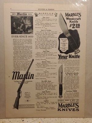 Antique 1926 Marble's Woodcraft Knife & Marlin Firearms Co. b&w Advertisment AD
