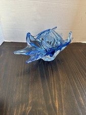 Murano Art Glass Stretch Blue Clear Basket Bowl 1970s
