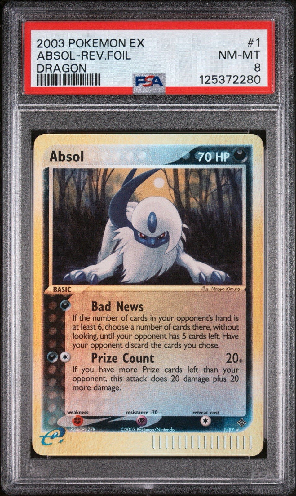 PSA 8 NM-MT Absol 1/97 EX Dragon Reverse Holo Rare Pokemon 2003 New Cert