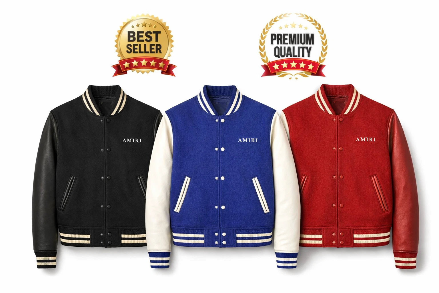 AMIRI Men’s Varsity Jacket Wool Body Leather Sleeves Style Black Blue Red