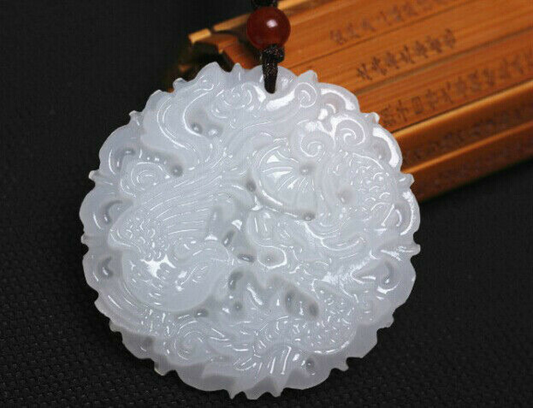 Lucky Amulet Natural White Jade Dragon Phoenix Pendant Necklace Charm Jewelry