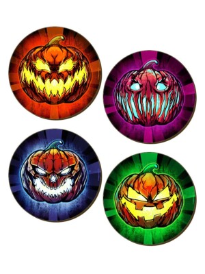 BÖSE KÜRBISKÖPFE 4 Stück Untersetzer Set: Halloween Zombie Kürbis Orange Spaß Geschenk