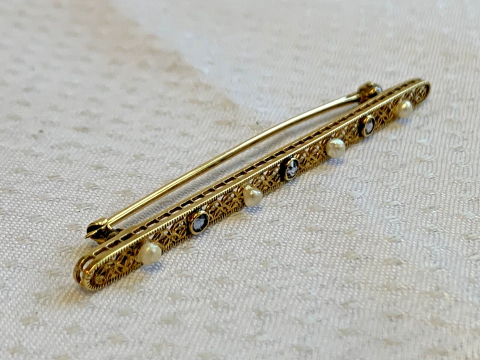 Broche De Colección Oro Amarillo 14K Semilla Perla 2.75g Joyería Fina Piedras Color Zafiro Foto 3 de 4