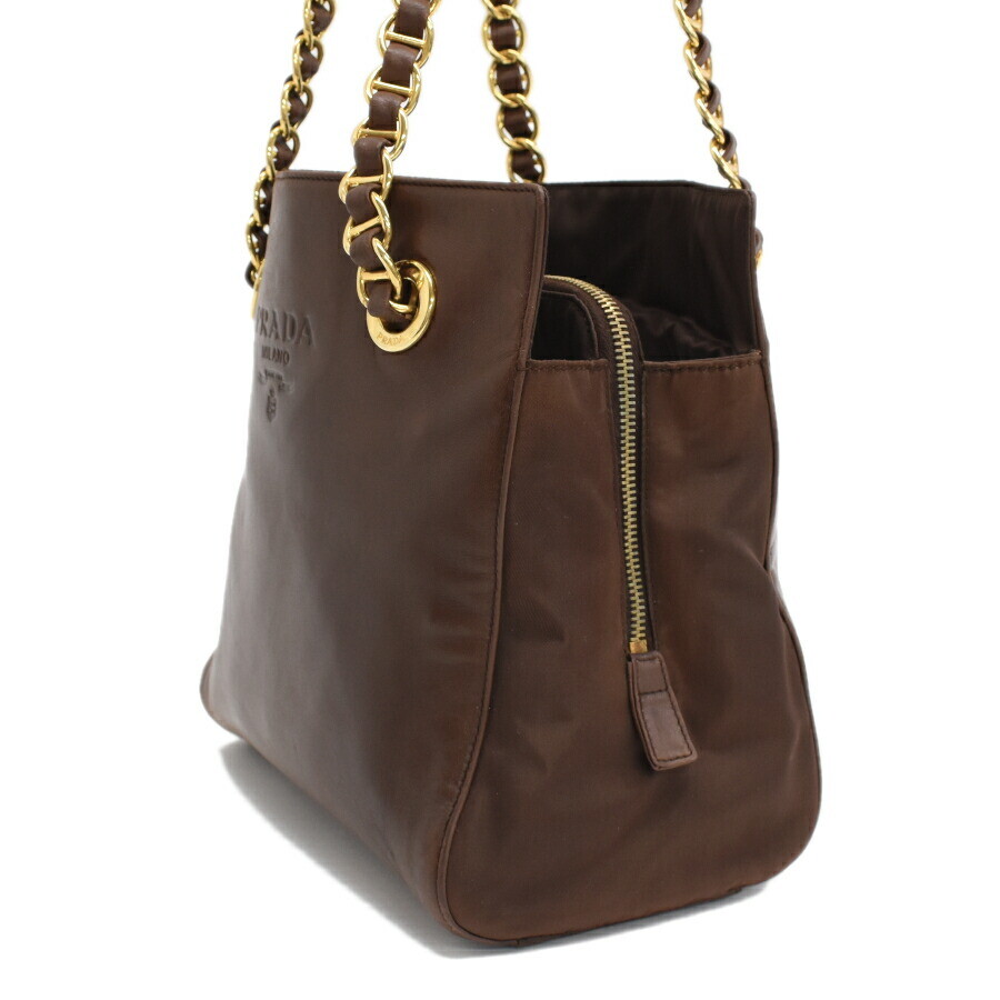 Used Prada Chain Shoulder Bag B4329 Nylon Leather Brown Gold Hardware