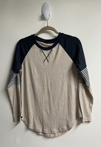 Mujer Pullover Beige Azul Marino Rayas Mangas Largas Mezcla Algodón Talla Pequeña Camisa - Imagen 3 de 8