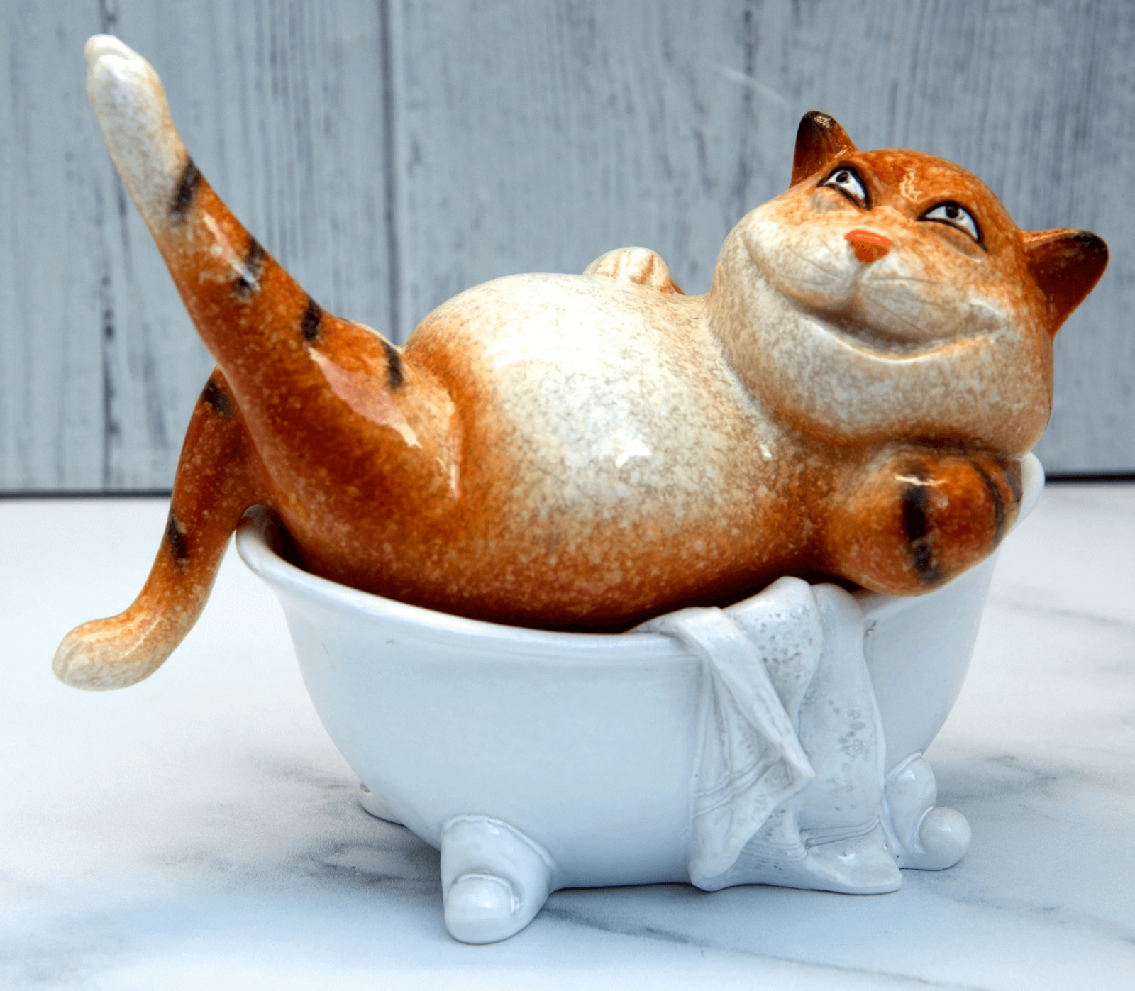 Ceramic Ginger Fat Cat Shelf Sitter Indoor Garden Ornament Sculpture Figurine