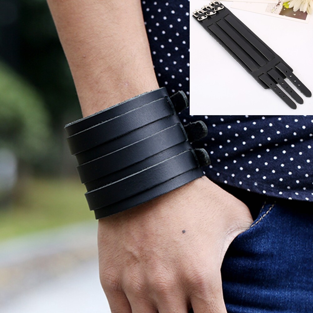 Men Adjustable Wide Genuine Leather Belt Wristband Bangle Cuff