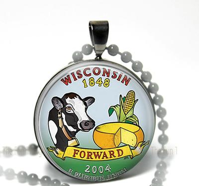 #ad Wisconsin State US Quarter Image Color Pendant Charm Key Chain 1quot; Black Setting $14.95