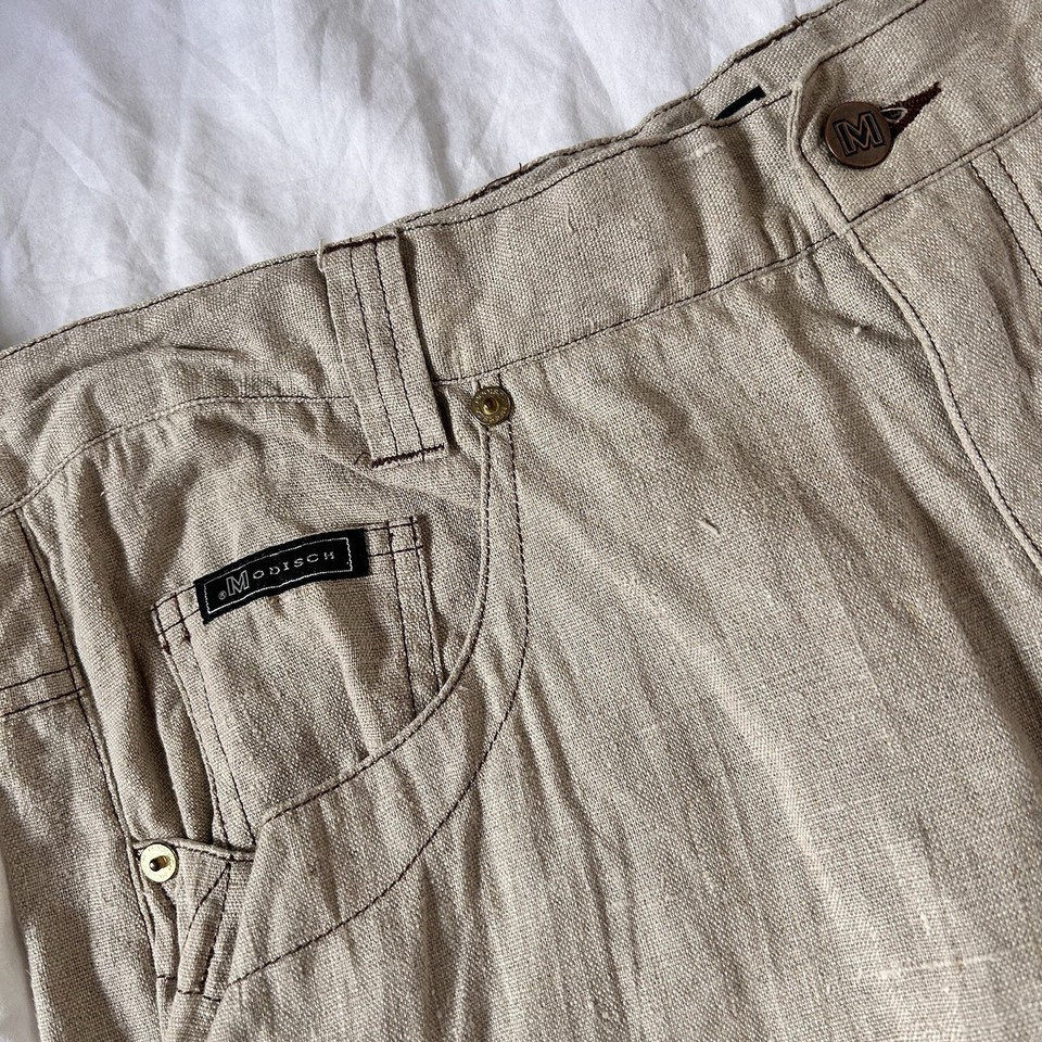 VTG MODISCH LINEN BROWN PANTS 36 TAN BROWN EMBROIDERED DESIGNER RARE