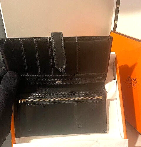 Cartera Larga Hermes Doble Plegable Negro Dorado Metal Montaje Foto 4 de 4