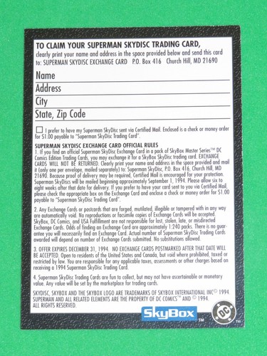 1994 DC MASTER SERIES SUPERMAN SKYDISC REDEMPTION EXCHANGE TARJETA DE INSERCIÓN RARA - Imagen 4 de 6
