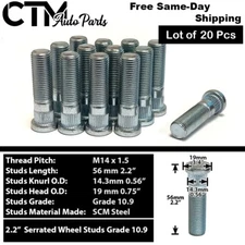 20x Grade 10.9 Serrated Wheel Stud 14x1.5, 0.56"(14.3mm) Knurl 2.2"(56mm) Length