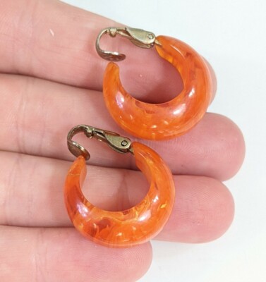Bakelite Hoops Clip On Earrings Orange Marbled semi translucent