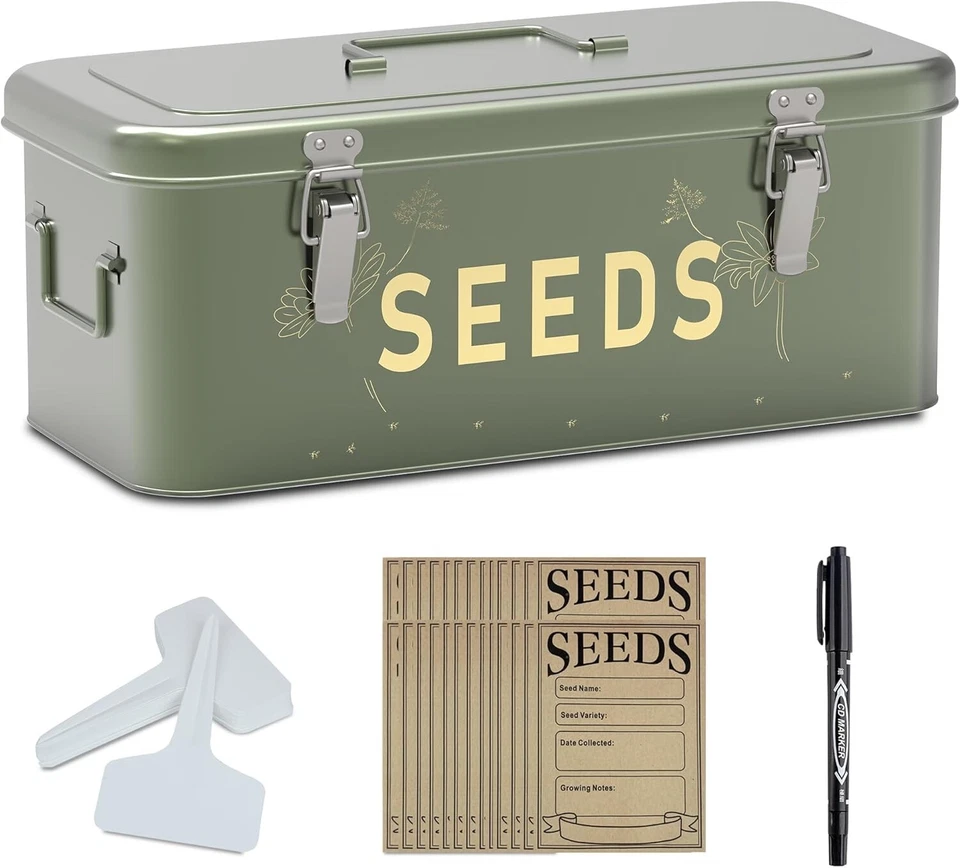 Durable Metal Seed Storage Organizer with 30 Labels & Envelopes - Portable Green - Image 3 of 4