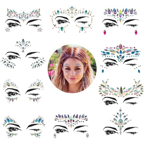 Gemas faciales, 10 juegos joyas de sirena festival pedrería ojos rave cuerpo ajuste bindi - Imagen 3 de 9