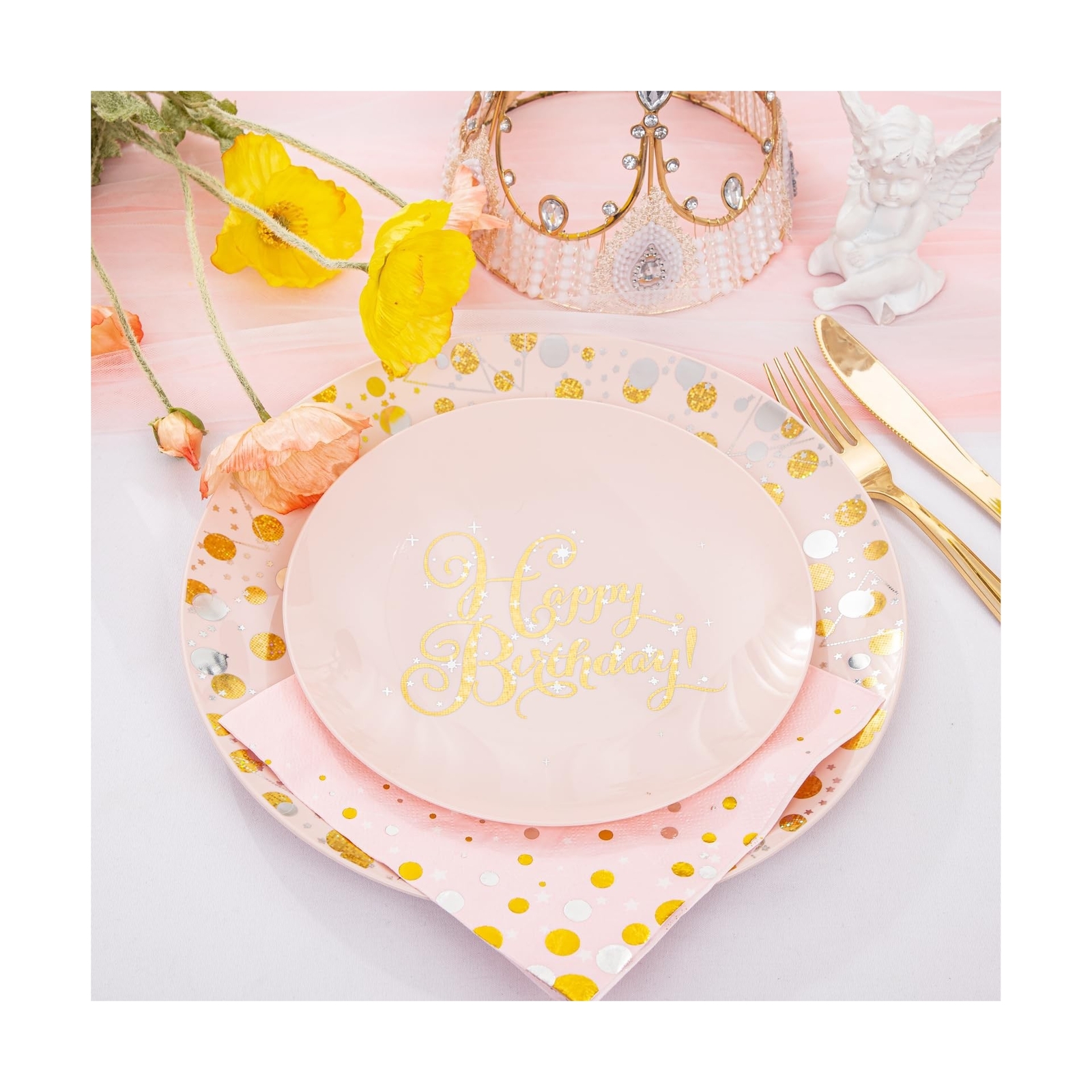 Nervure 175PCS Happy Birthday Plastic Plates Pink Disposable Plates