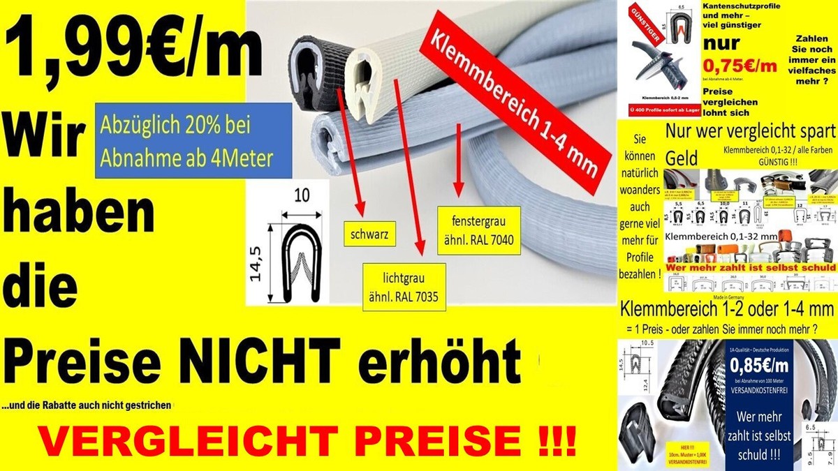 Gummi-Kantenschutzprofil KS17-19 – Klemmprofil / Kederband – Schwarz – Für Scharfe Kanten