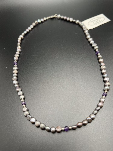 Gray Freshwater Pearl /Amethyst/ 925 Sterling Silver Bead Strand Necklace 16.5” - Picture 3 of 6