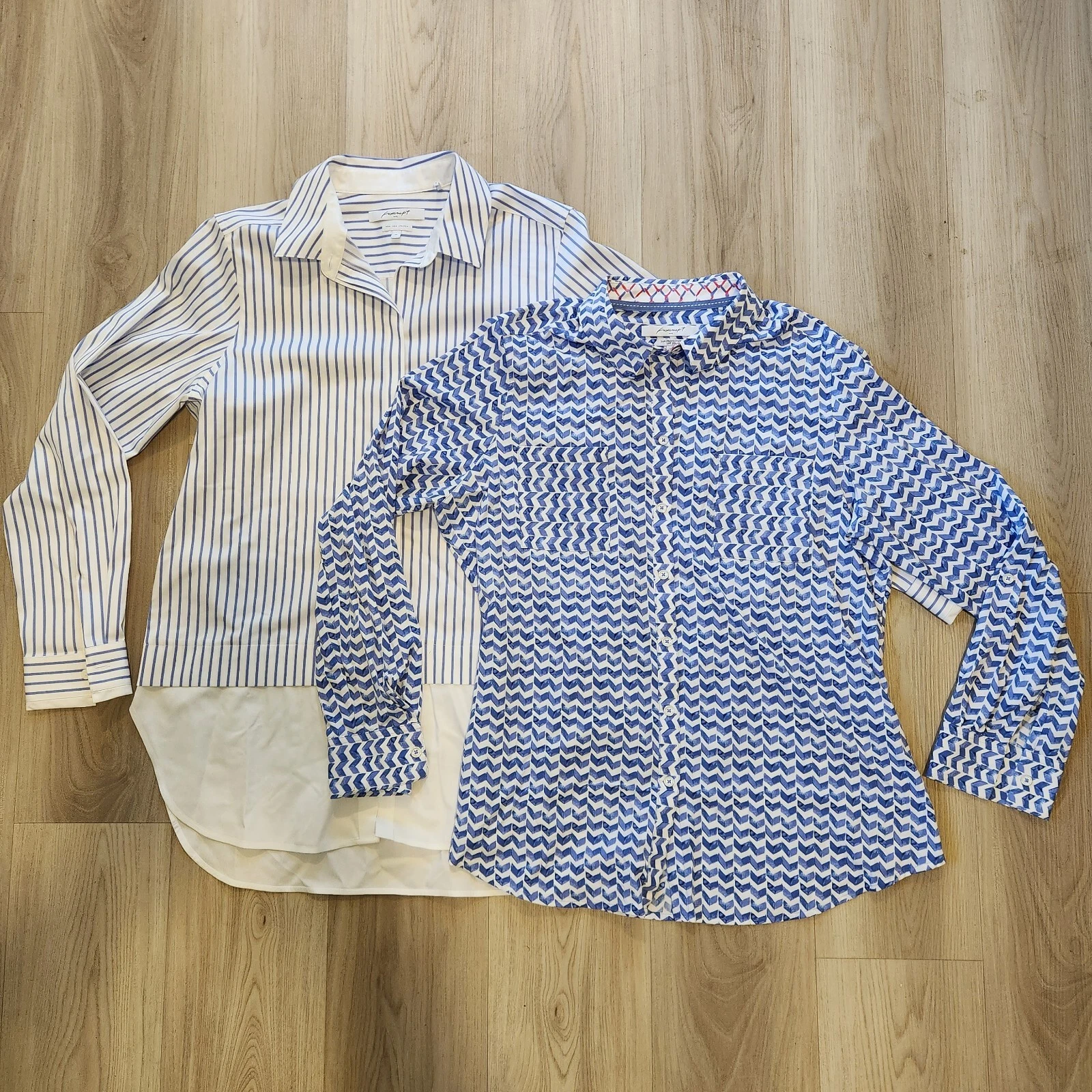 Foxcroft Shirts Womens Size 14 Blue White Stripe Chevron UPF Protection Lot of 2